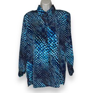 Vintage Liz Baker Black Turquoise Polka Dot Button Front Blouse Women Small